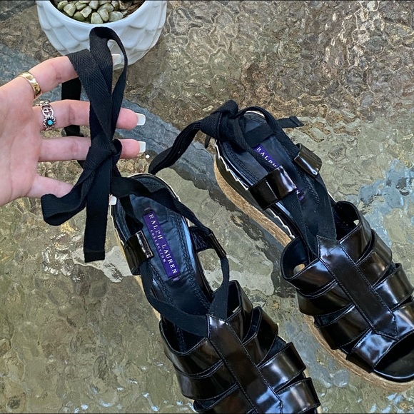 Ralph Lauren Purple Label Black Wrap Around Strap Platform Espadrilles Sandals - Picture 12 of 16